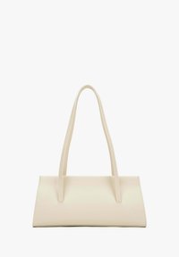 Beige rechteckige Handtasche mit verlängerten Tragegriffen, glatter Ledertextur und minimalistischer Gestaltung. Sie hat keine sichtbaren Beschläge oder Muster.