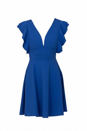 Μπλε ασύμμετρο φόρεμα χωρίς μανίκια με βαθύ V-λαιμόκοψη και πινελιές με βολάν στους ώμους, εφαρμοστό στη μέση και φουσκωτή φούστα.