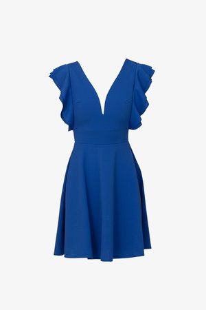 Blauwe mouwloze jurk met diepe V-hals en ruches op de schouders, aangesloten taille en wijde rok.