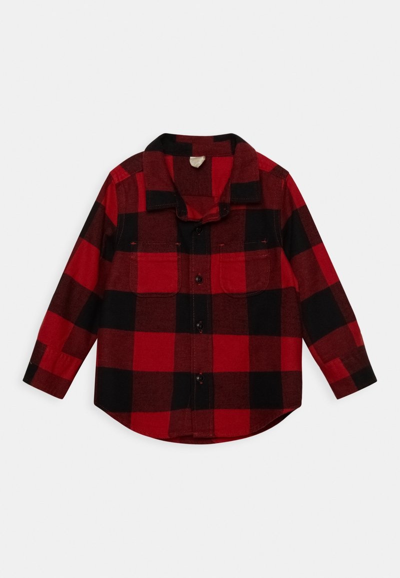 Chemise en flanelle à manches longues à carreaux rouges et noirs, avec boutonnière sur le devant et deux poches poitrine.