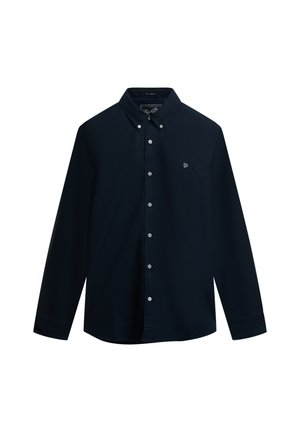 Marineblauwe katoenen overhemd met lange mouwen, met een button-down kraag, knopen aan de voorkant en een klein geborduurd logo op de borst. Eenvoudige structuur.