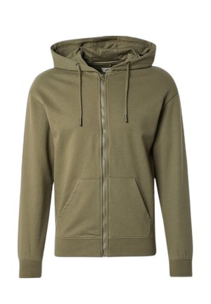 Groene hoodie met ritssluiting, capuchon met trekkoord, voorzakken en geribbelde manchetten, gemaakt van zachte, getextureerde stof. Eenvoudig ontwerp.