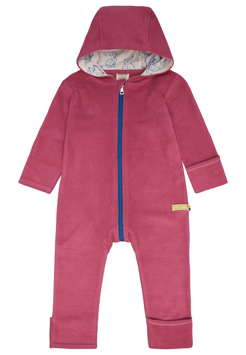 Tuta in felpa rosa con cappuccio, zip frontale blu e fodera con motivo di gufetti. Presenta maniche a polsino e aperture delle gambe regolabili.