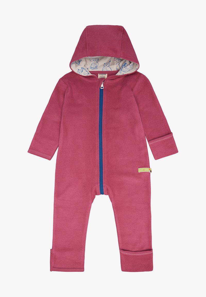 Rosa Fleece-Overall mit Kapuze, Vorderreißverschluss in Blau und Futter mit Eulenmuster. Verfügt über umschlagbare Ärmel und verstellbare Beinöffnungen.