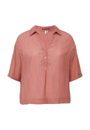 Luftige, kurzärmelige Bluse in einem sanften Korallenton. Verfügt über einen V-Ausschnitt mit Knopf und einem strukturierten Stoff mit dezenten vertikalen Streifen.