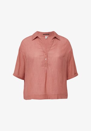 Luftige, kurzärmelige Bluse in einem sanften Korallenton. Verfügt über einen V-Ausschnitt mit Knopf und einem strukturierten Stoff mit dezenten vertikalen Streifen.