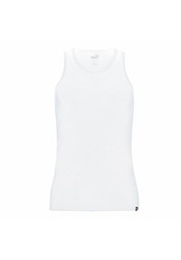 White tank top made of cotton with a round neckline and wide straps. Features a small black logo at the bottom left corner.