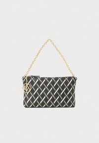 Black woven clutch purse with gold chain strap, featuring a geometric pattern and a logo pendant. Zipper closure at the top.