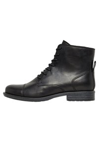 Schwarze Leder-Ankle-Boots mit Schnürung, runder Zehenpartie, niedrigem, gestapeltem Absatz und Reißverschlussdetails auf der Rückseite für einfaches An- und Ausziehen. Glatte Textur über die gesamte Oberfläche.
