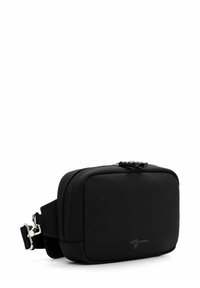 Black rectangular bag made of smooth material, featuring a zip closure, adjustable strap, and a textured grip on the zipper pull.