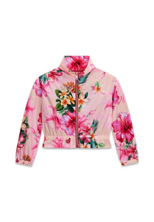 Rosa Reißverschlussjacke mit tropischem Blumenmuster in den Farben Pink, Grün, Weiß und Orange, ausgestattet mit einem hohen Kragen sowie elastischem Saum und Bündchen.