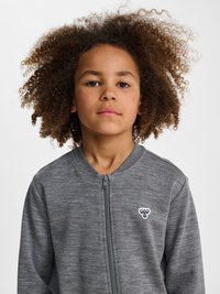 Barn med krøllet brunt hår iført en grå lynlåsjakke med en lille bi-logo på brystet, stående mod en ensfarvet hvid baggrund.