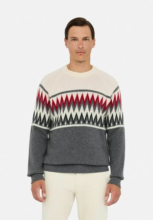Mand iført en sweater med rund hals i et rødt, sort, hvidt og gråt zigzag-mønster over brystet og ærmerne, kombineret med lyse bukser.