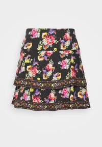 Svart blommig kjol med flerfärgade blommor, lager på lager volanger och en dekorativ nederkant med små blommönster. Tillverkad av lättviktigt tyg.