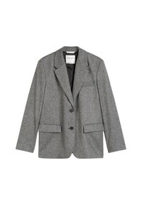 Veste en laine grise à coupe ajustée, col à revers crantés, deux poches avant et deux boutons. Doublure intérieure lisse avec une étiquette au niveau du col.