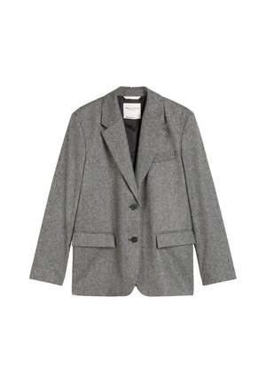 Veste en laine grise à coupe ajustée, col à revers crantés, deux poches avant et deux boutons. Doublure intérieure lisse avec une étiquette au niveau du col.