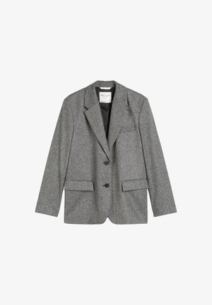 Grauer Wollblazer mit tailliertem Schnitt, Revers mit Kerbe, zwei Vorderfächern und zwei Knöpfen. Glattes Innenfutter mit einem Etikett am Halsausschnitt.