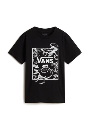 T-shirt Vans noir avec un graphisme rectangulaire blanc représentant des squelettes de dinosaures, le logo Vans centré au-dessus du texte "Off The Wall".