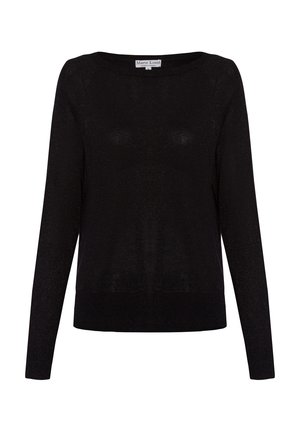 Schwarzer, langärmeliger Pullover mit weitem Ausschnitt, aus einem weichen, strukturierten Material mit leichtem Glanz. Rippstricksaum am unteren Ende.