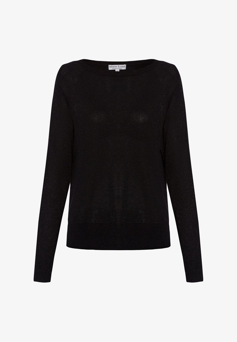 Black long-sleeve sweater with a wide neckline, made of a soft, textured material featuring a slight sheen. Ribbed hem detail at the bottom.