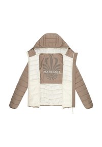 Pakbare pufferjack in bruin en crème met een capuchon, voorzien van een gequiltde textuur, een bloemmotief aan de binnenkant en een ritssluiting.