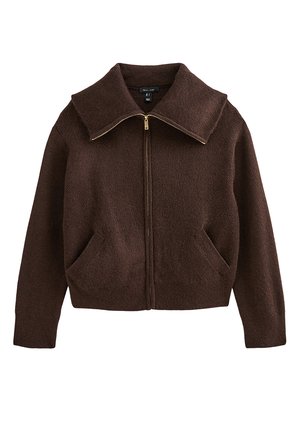 Giacca in pile marrone con zip, ampio colletto, due tasche frontali e dettagli della zip dorati. Texture morbida, design cropped.