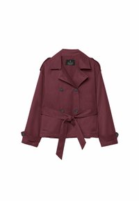 Bordeaux dubbelzijdige jas met een riem, oversized pasvorm, epauletten en knoopmanchetten. Gemaakt van zachte stof met een gladde textuur.