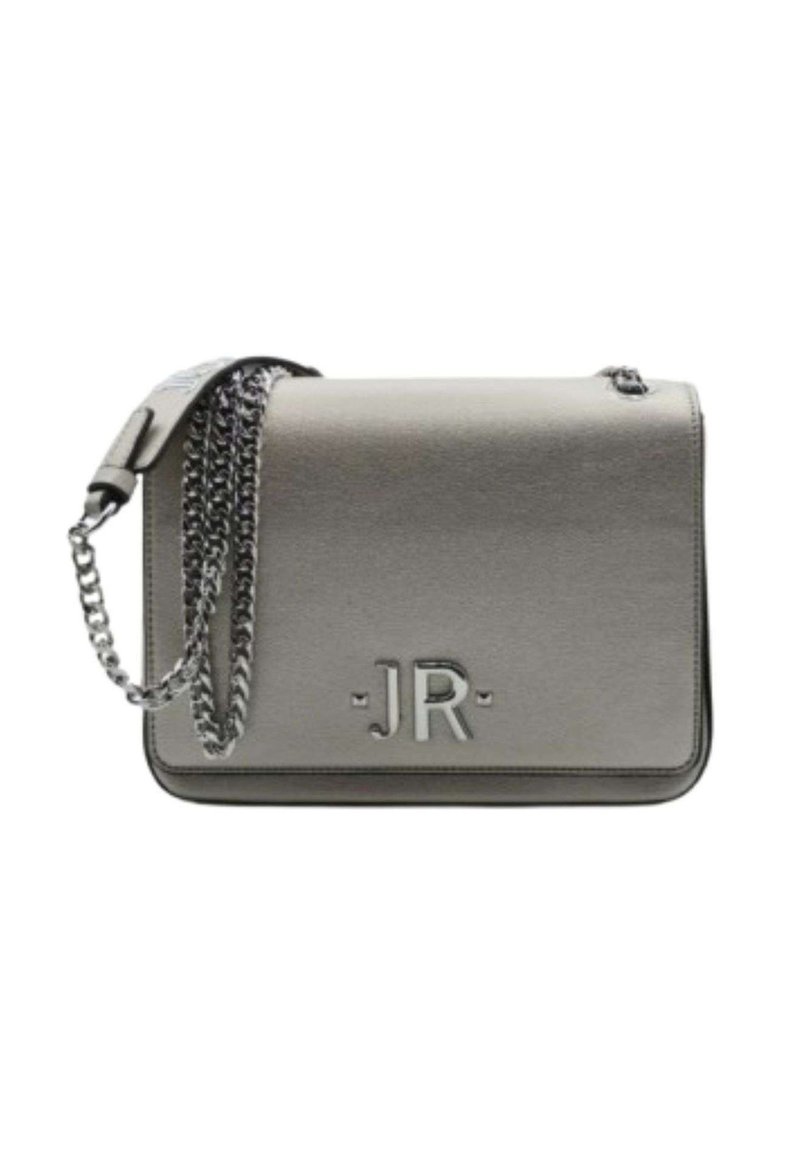 Borsa a tracolla in pelle grigia con catena, caratterizzata da "JR" impresso sulla parte anteriore e un design rettangolare elegante. Compatta e moderna.