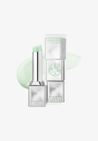 Sølvbeklædt lys grøn læbepomade ved siden af sin sølvhætte, med en lys grøn smøre i baggrunden, mærket "Water Mellow Lip Balm."