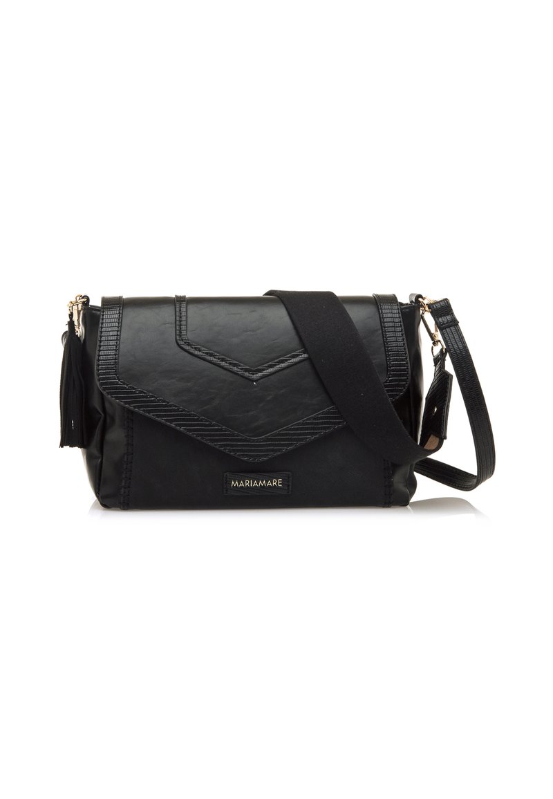 Borsa a tracolla nera realizzata in materiale texturizzato, con una patta con cuciture a zig zag, hardware dorato e una tracolla removibile.