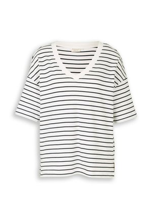 Witte T-shirt met korte mouwen en V-hals, voorzien van dunne zwarte horizontale strepen en een losse pasvorm.
