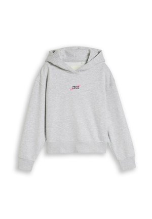 Sweat à capuche gris clair à manches longues avec texte "SELF LOVE" en noir et rose sur la poitrine.