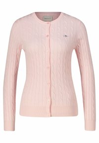 Rosa Strickjacke mit Zopfmuster, rundem Ausschnitt, langen Ärmeln und Knopfleiste. Gerippte Bündchen und Saum sorgen für einen figurbetonten Look.