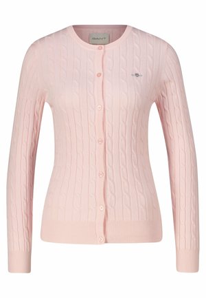 Rosa Strickjacke mit Zopfmuster, rundem Ausschnitt, langen Ärmeln und Knopfleiste. Gerippte Bündchen und Saum sorgen für einen figurbetonten Look.