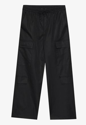 Black cargo pants made of lightweight fabric, featuring an elastic waistband with drawstring, side pockets, and two large patch pockets.