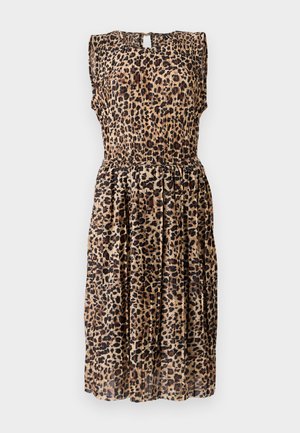 Robe sans manches à imprimé léopard dans des tons beiges et marron, avec une jupe plissée et un détail dos à ouverture en forme de clé. Le tissu semble léger.