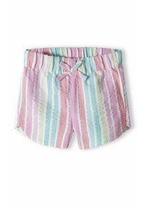 Flerfärgade shorts med vertikala ränder i pastellrosa, grön och blå. Har ett elastiskt midjeband och en frontknutdetalj. Texturen verkar skrynklig.
