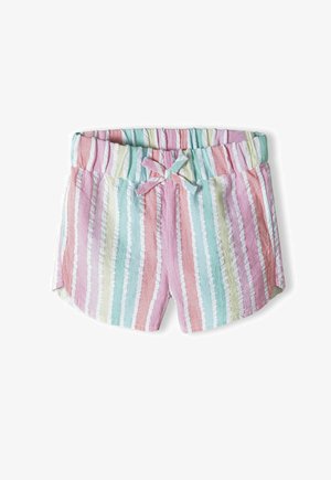 Flerfarvede shorts med vertikale striber i pastel pink, grøn og blå. Har en elastisk talje og en frontbinding. Teksturen ser krøllet ud.