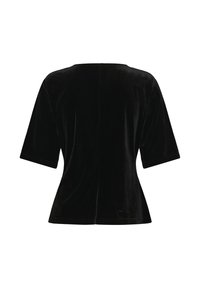 Top in velluto nero con una texture liscia, maniche corte e una silhouette ampia. Presenta un collo rotondo e una cucitura centrale sul retro.