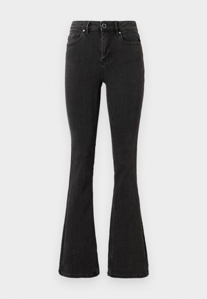 Sorte høyreiste flagrende jeans med frontknapp og glidelås, foran og bak lommer, vist mot en hvit bakgrunn.