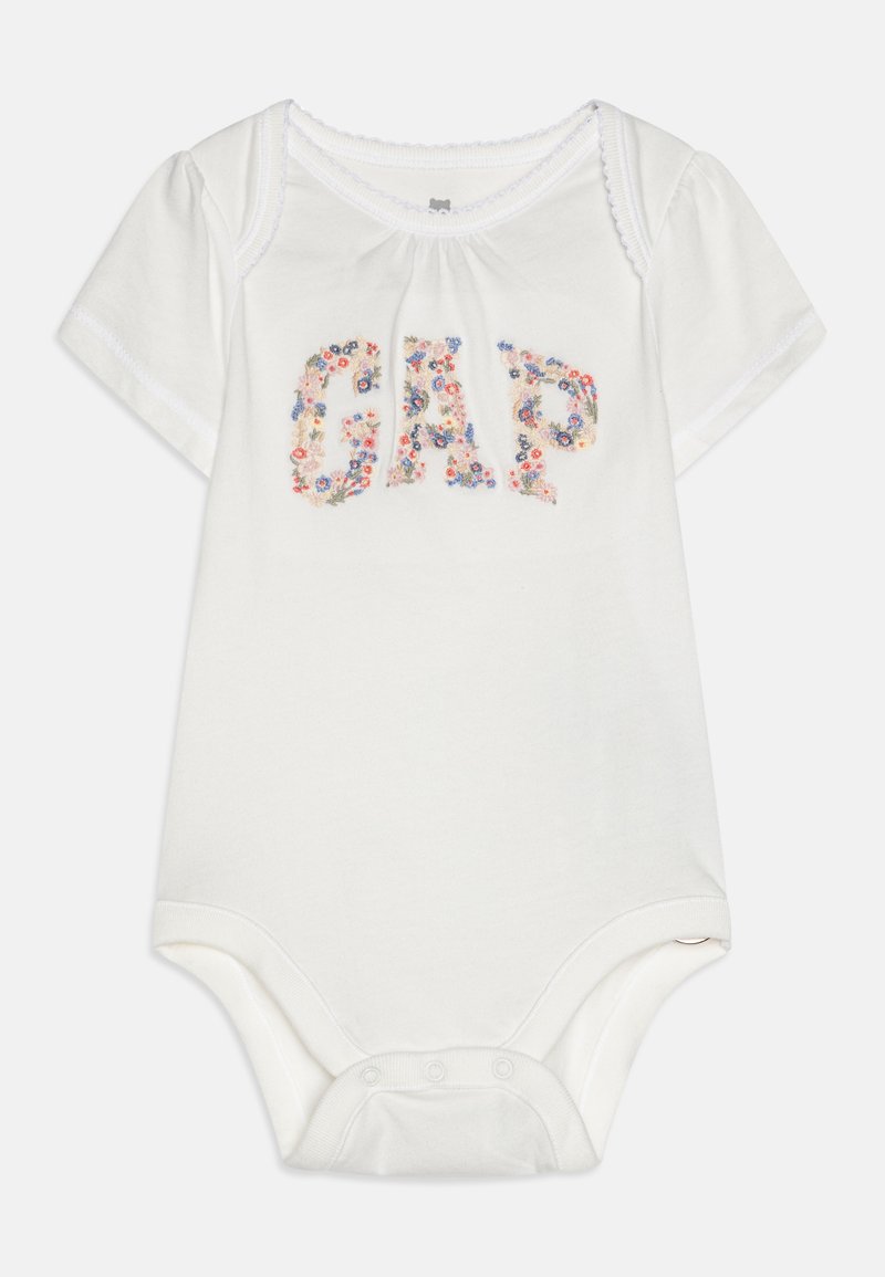 Body de mangas curtas brancas com bordado floral "GAP". Material em algodão suave, decote redondo e fecho de pressão na parte inferior.