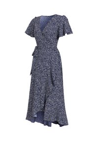 Robe portefeuille bleu marine à pois blancs, manches volantes, encolure en V, et ourlet asymétrique avec détail de nouage sur le côté.