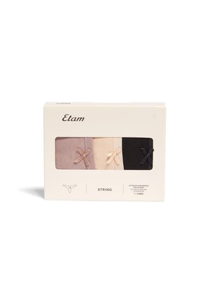 Pack de tres piezas de ropa interior de hilo en rosa claro, beige y negro, fabricadas en suave algodón. Cada par presenta un pequeño lazo decorativo en la parte frontal.