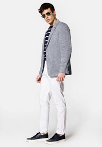 Szary marynarka w kratę nałożona na granatowo-białą w paski koszulę, białe spodnie i niebieskie trampki. Okulary przeciwsłoneczne dopełniają strój.