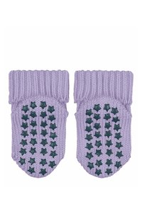 Fliederfarbene, gestrickte Handschuhe mit gerippten Bündchen, die an den Handflächen dunkelgrüne, sternförmige Griffe haben. Weiche Textur; abgerundete Form an den Fingerspitzen.