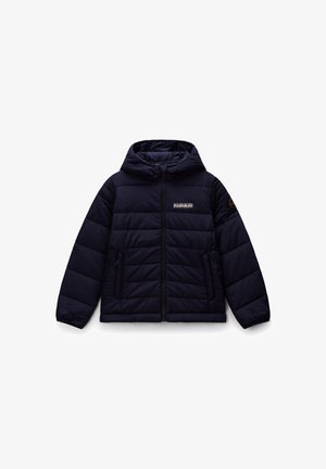 Granatowa puchowa kurtka z kapturem, z pikowaną fakturą, zamkiem błyskawicznym z przodu, dwiema bocznymi kieszeniami oraz logo na piersi.