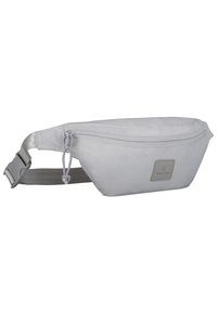 Marsupio grigio chiaro con chiusura a zip, tracolla regolabile e patch logo frontale. Materiale tessile liscio e design slanciato e arrotondato.