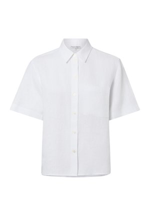 Weißes kurzärmliges Hemd mit Knopfleiste, Kragen und Brusttasche, auf weißem einfarbigem Hintergrund dargestellt.