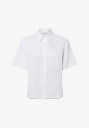 Weißes kurzärmliges Hemd mit Knopfleiste, Kragen und Brusttasche, auf weißem einfarbigem Hintergrund dargestellt.