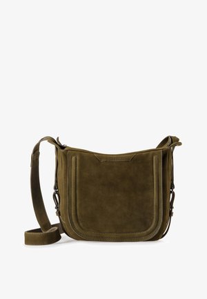 Olive green suede shoulder bag with a smooth texture, curved edges, adjustable strap, and subtle stitching accents.
